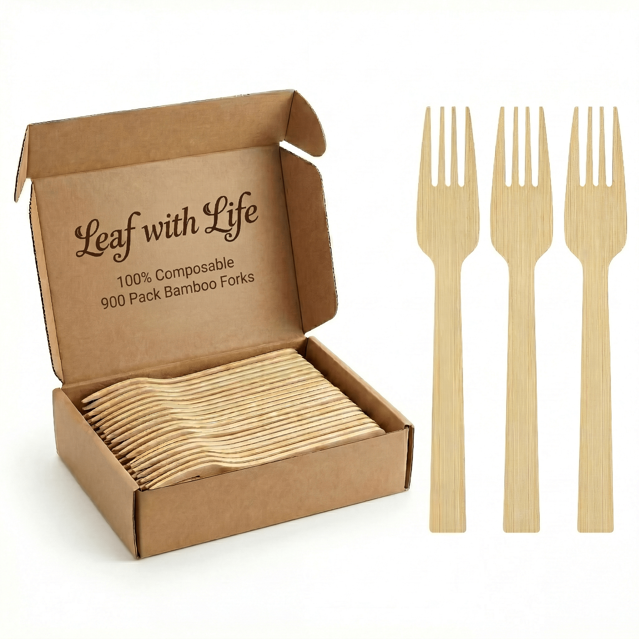 Sturdy Splinter - Free Bamboo Cutlery Set - Compostable Fork, Knife &amp; Spoon for Events - Leaf with life