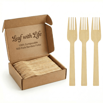 Sturdy Splinter - Free Bamboo Cutlery Set - Compostable Fork, Knife &amp; Spoon for Events - Leaf with life
