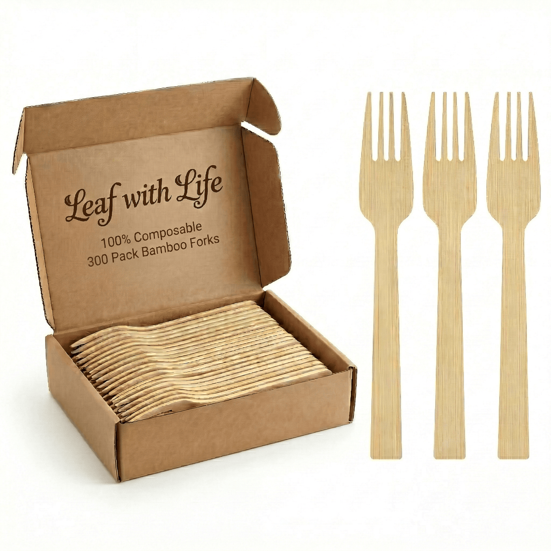 Sturdy Splinter - Free Bamboo Cutlery Set - Compostable Fork, Knife &amp; Spoon for Events - Leaf with life