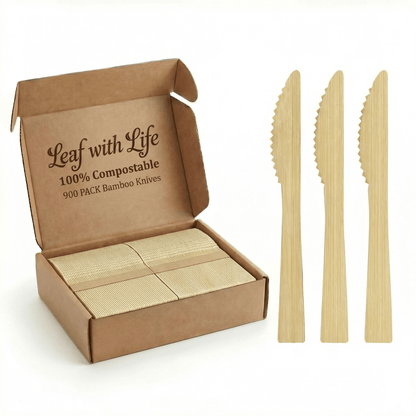 Sturdy Splinter - Free Bamboo Cutlery Set - Compostable Fork, Knife &amp; Spoon for Events - Leaf with life