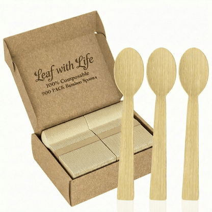 Sturdy Splinter - Free Bamboo Cutlery Set - Compostable Fork, Knife &amp; Spoon for Events - Leaf with life