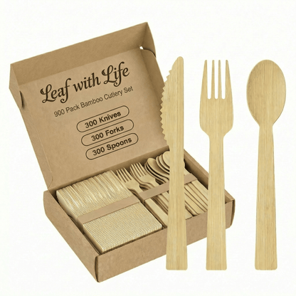 Sturdy Splinter - Free Bamboo Cutlery Set - Compostable Fork, Knife &amp; Spoon for Events - Leaf with life