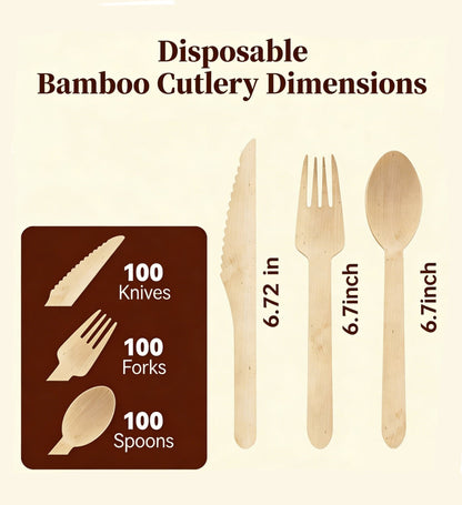 Sturdy Splinter - Free Bamboo Cutlery Set - Compostable Fork, Knife &amp; Spoon for Events - Leaf with life