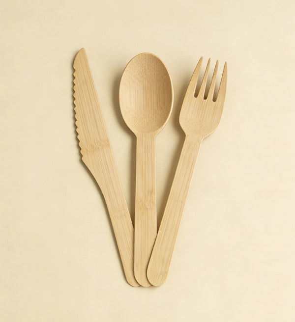 Sturdy Splinter - Free Bamboo Cutlery Set - Compostable Fork, Knife &amp; Spoon for Events - Leaf with life